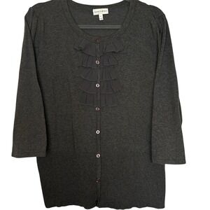 Fashion Bug Women's XL Charcoal Gray Sweater Button Up 3/4‎ Sleeve Ruffle front
